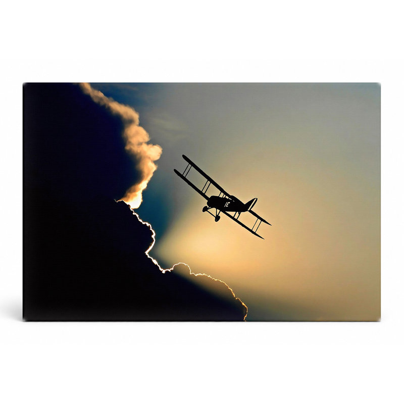 «Biplane Silhouette at Sunset», art mural sur toile, 30" W x 20" H