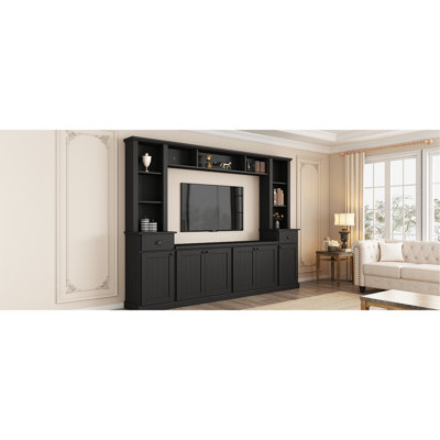 Meuble audio-vidéo compatible avec téléviseur de 75 po, noir, avec rangement personnalisable et centre de divertissement à hauteur pour téléviseur, pont abondant
