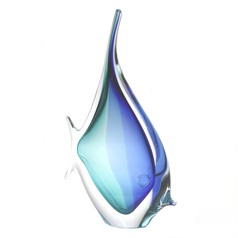 Murano Glass Design Tropical Fish, 10" H x 7" W x 2.5" D, Aqua Blue