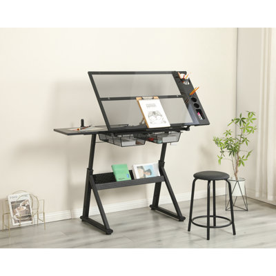 Adjustable Tempered Glass Drawing And Drafting Table With Chair Storage - Hand Crank Height Adjustment, 0 70 Degrees Angle, 24" Slide Up Pencil Ledge, Metal In Black 29.52" 37.8" Height,