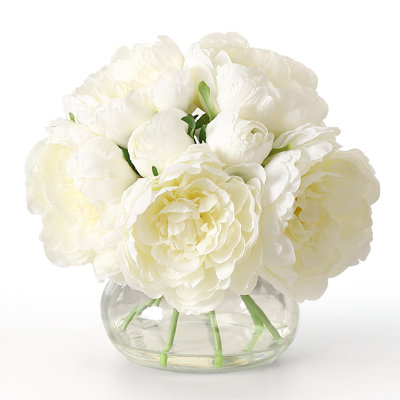 Elegant Real Touch Artificial Peonies in Glass Vase – 7 Silk Flowers with Faux Water – Lifelike Peony Arrangement for Home Decor, Table Centerpiece, Wedding or Party – White