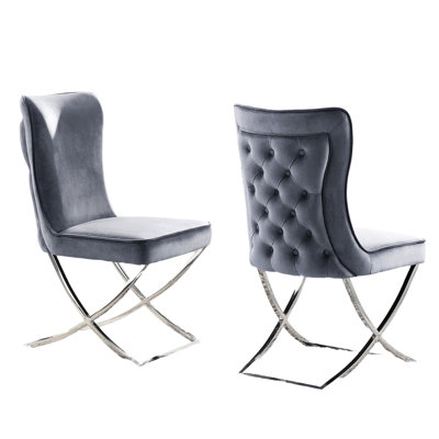 2pcs Gray Velvet Dining Chairs - Metal Construction, Button Tufting, Welt Trim, Frame For Room Style ( Of 2) , Upholstered Seat