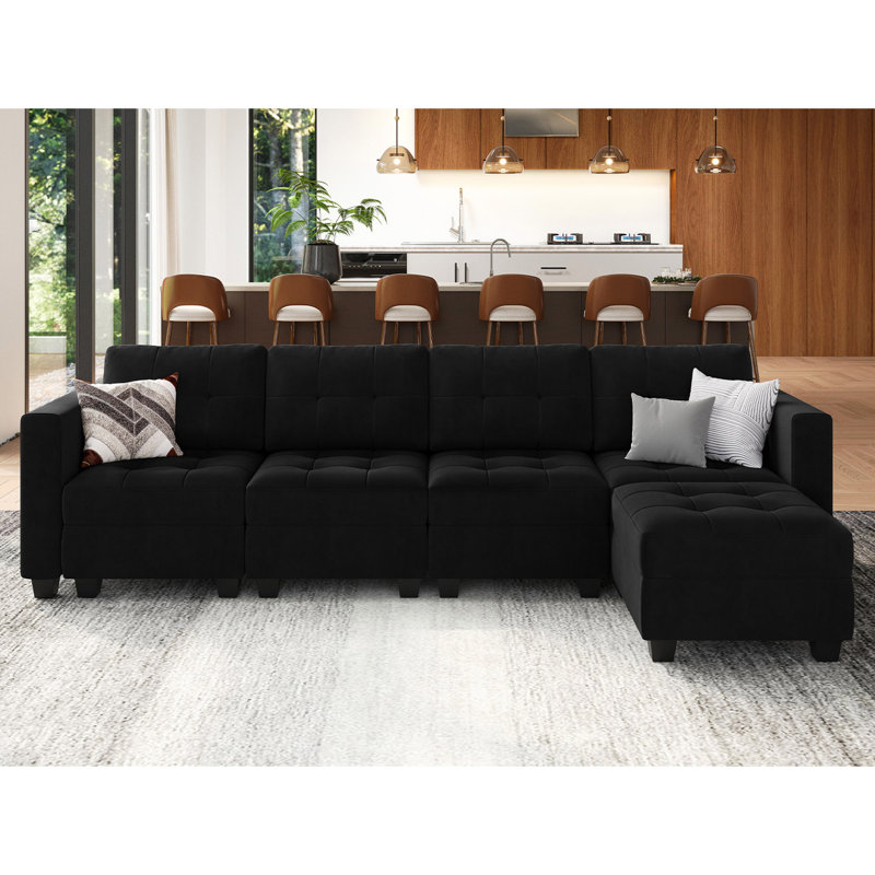 Soneson 116.6'' Modular Upholstered Sectional 4-Seat Sofa Tufted Cushion Velvet Couch with Storage, Black Velvet
