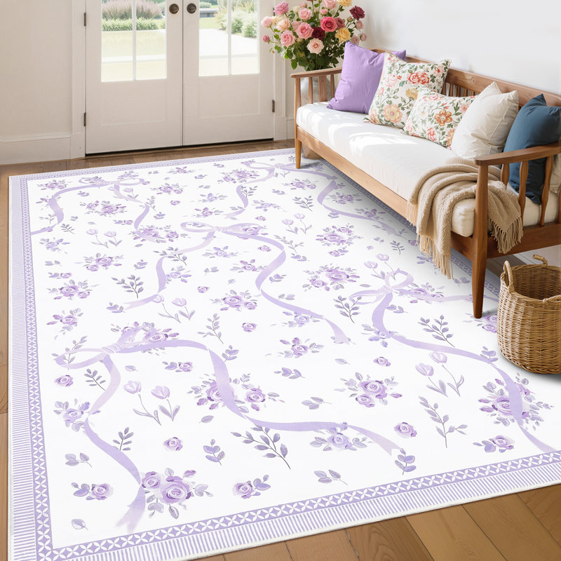 Washable Area Rug Bow Décor, Purple/White, Rectangle 5' x 7'