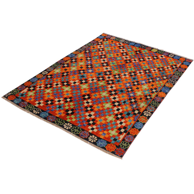 Tapis orange / rouge / noir en laine noué à la main à motif géométrique 4 pi 9 po x 6 pi 7 po Laudalino