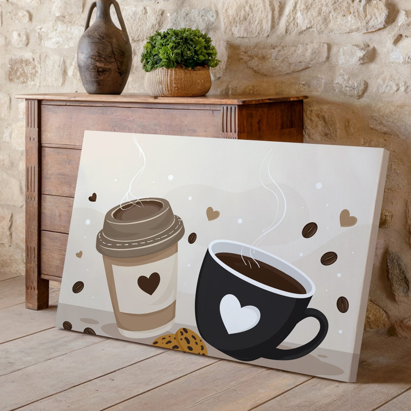 Toile, une illustration fantaisiste mettant en vedette deux tasses à café stylisées, l'une dans un art mural brun clair avec un motif en forme de cœur et l'autre dans un art mural sur toile
