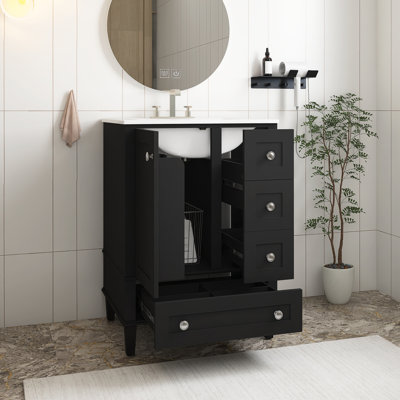 Meuble-lavabo de 24 po avec lavabo intégré en céramique, tablette à double couche, tiroirs à fermeture en douceur et porte d'armoire à fermeture en douceur, noir