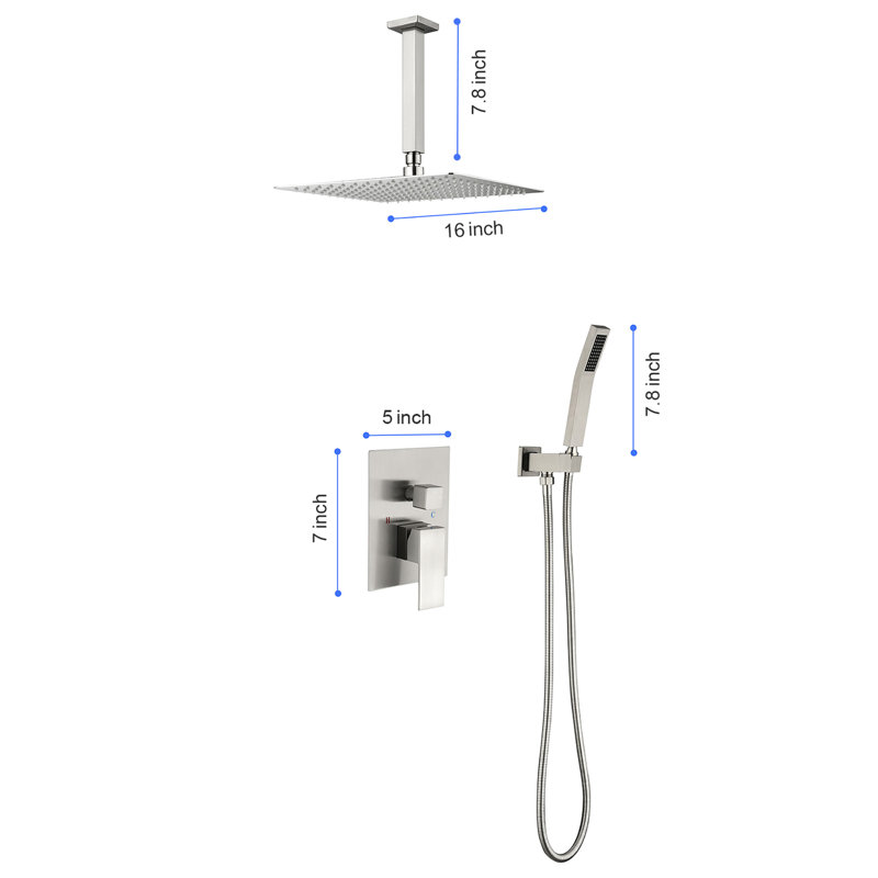 16" Ceiling-mounted Shower System, Brass And Stainless, Brushed Nickel, Bathroom Ease Bath Ceiling Mounted Stainless Parts, Rejuvenation