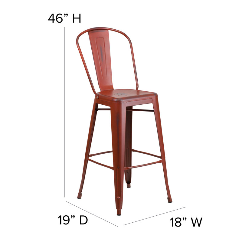 Commercial Grade Distressed Metal Indoor-Outdoor Counter Height Stool with Back, Kelly Red, Bar Stool (30" Seat Height)