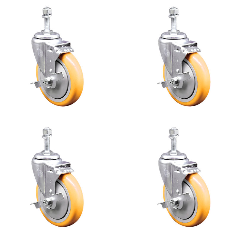 Ensemble de frein à roulettes à tige filetée en polyuréthane pivotant de 5 po_316SS_ 10 mm, Jaune