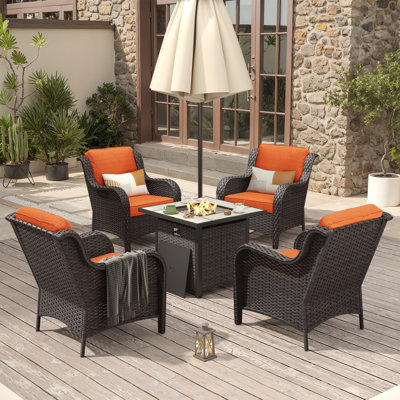 4-Person Outdoor High Back Seating Group With Cushions And Fire Pit,All-Weather Wicker Patio Chair Set