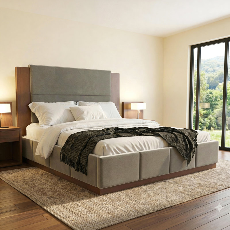 Structure de lit plateforme tapissier avec tête de lit en bois allongée, lit moderne avec base en bois, Grand lit, Gris