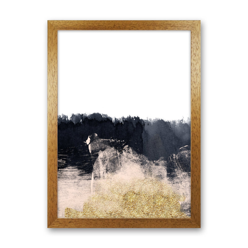 Lux Half Navy And Gold Paint Strokes by Pixy Paper - Print, 59.4cm H x 42cm W x 3cm D, Oak Framed