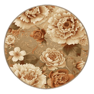 Machine Washable Paesyn Carnation Florentiner Floral Rug in Brown – Beige Binding
