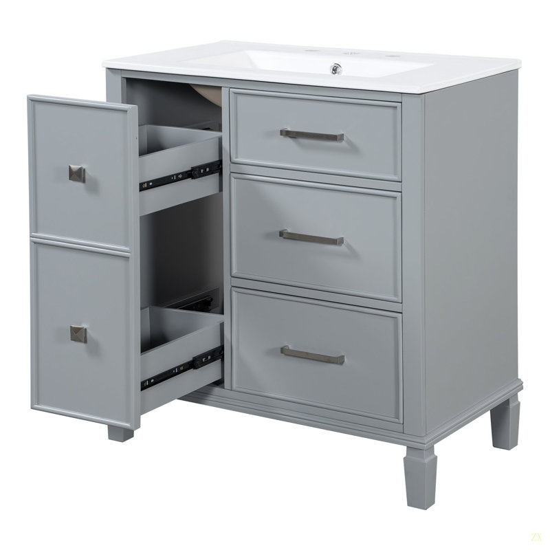 Meuble-lavabo de 30 po avec lavabo en céramique, tiroir escamotable pour la plomberie, armoire en panneau de fibres à densité moyenne avec pieds en bois massif