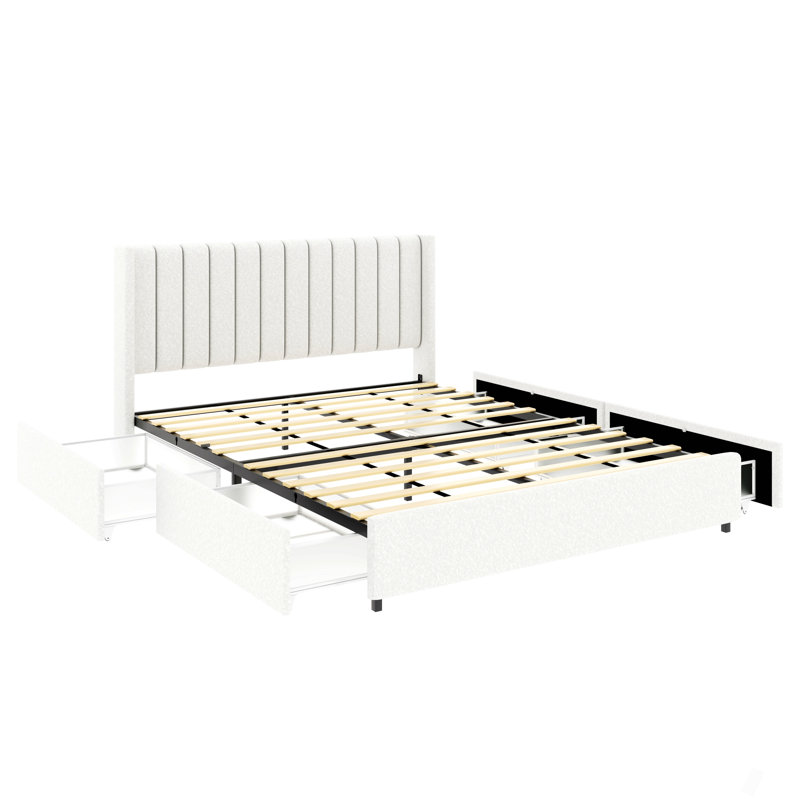 Grand lit plateforme tapissier ivoire avec rangement à 4 tiroirs breveté, tête de lit capitonnée, support de matelas à lattes en bois, aucun sommier requis