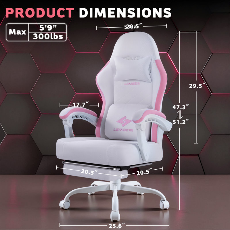 Gaming Chair With Footrest, Racing Style Computer Gamer Chair With Headrest And Lumbar Support, White/Pink