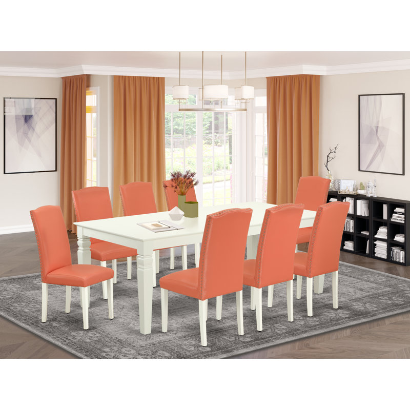 9 Piece Kitchen Table Set Includes a Rectangle Dining Table with Butterfly Leaf and 8 Pink Flamingo Faux Leather Parson Chairs, Linen White