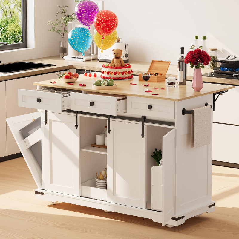 54" Kitchen Island with Drop Leaf & Power Outlet - Large Rolling Cart with Trash Cabinet, 2 Sliding Barn Doors, 3 Drawers Mobile Island Table with Spice Rack & Towel Rack, White