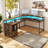 Monge 67'' L-Shape Wood Desk Computer Table with LED Light & Power Outlets-1223196394