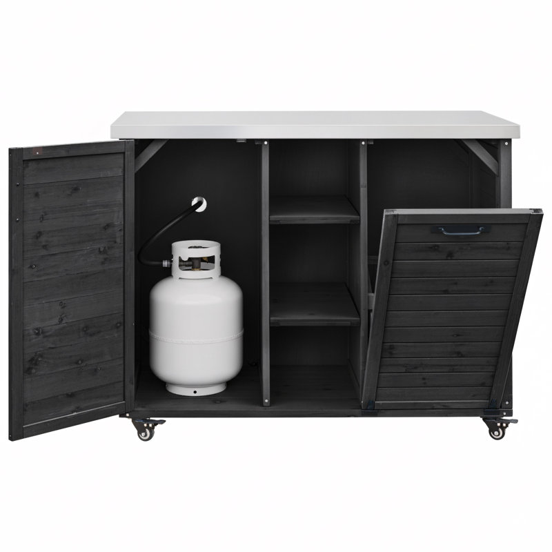 Kitchen Island With Foldable Grill Table, 78.3" Wooden Outdoor Grill Cart With Trash Can Storage & Stainless Steel Top, Outdoor Bar Cart, Pizza Oven Table For Lawn & Garden, Black
