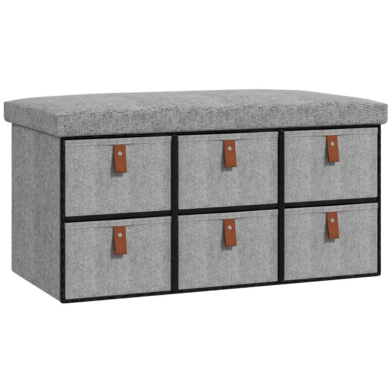 Linen Upholstered Bench with Drawers, Light Grey