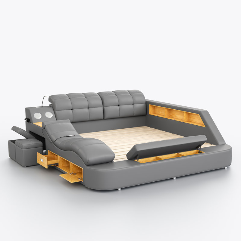 Multi-Functional Bed, Solid Wood Frame and Faux Leather Upholstery, Remote-Controlled Massage Recliner on the Left, Modern LED Lights, Bluetooth Speakers, USB Charging Ports, Adjustable Backrest