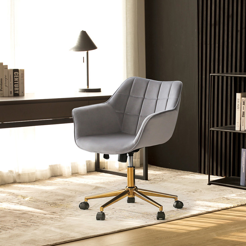 Ergonomic Velvet Upholstered Adjustable Height Swivel Casters Arms Included Metal Base Schick Task Chair, Gray