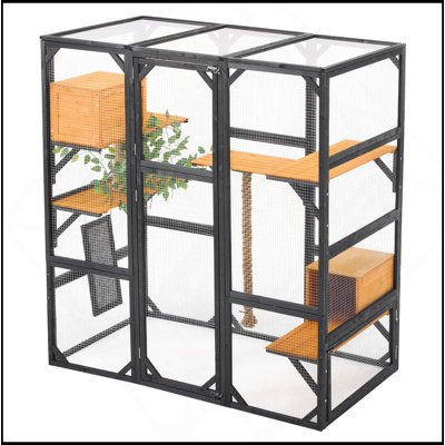 Outdoor Cat House, DIY Cat Enclosure, Cat Catio With Double Enter Doors, 62.8"L X 32.2"W X68.5"H Balcony Cat Playpen With Platforms And Two Condos For 1-3 Cats