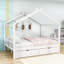 Lit plateforme double en bois avec tiroirs de rangement et structure en forme de maison-553256182