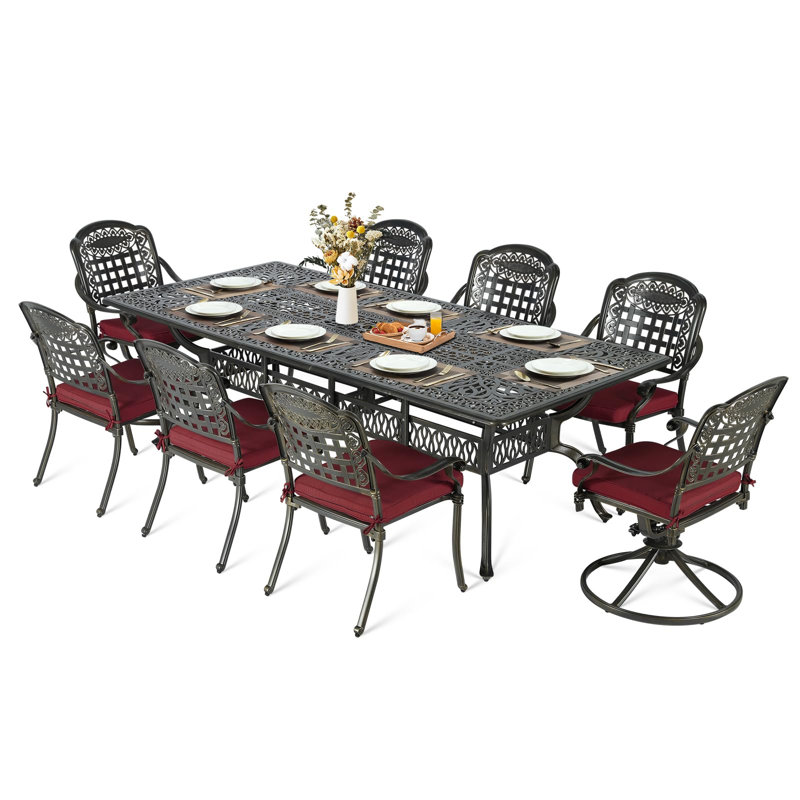 Meetwarm 9-Piece Outdoor Patio Dining Set For 8, All Weather Cast Aluminum Patio Funiture Table And Chairs Set- 94.5" Rectangular Table And 2 Swivel Rocker Chairs, 6 Stationary For Garden