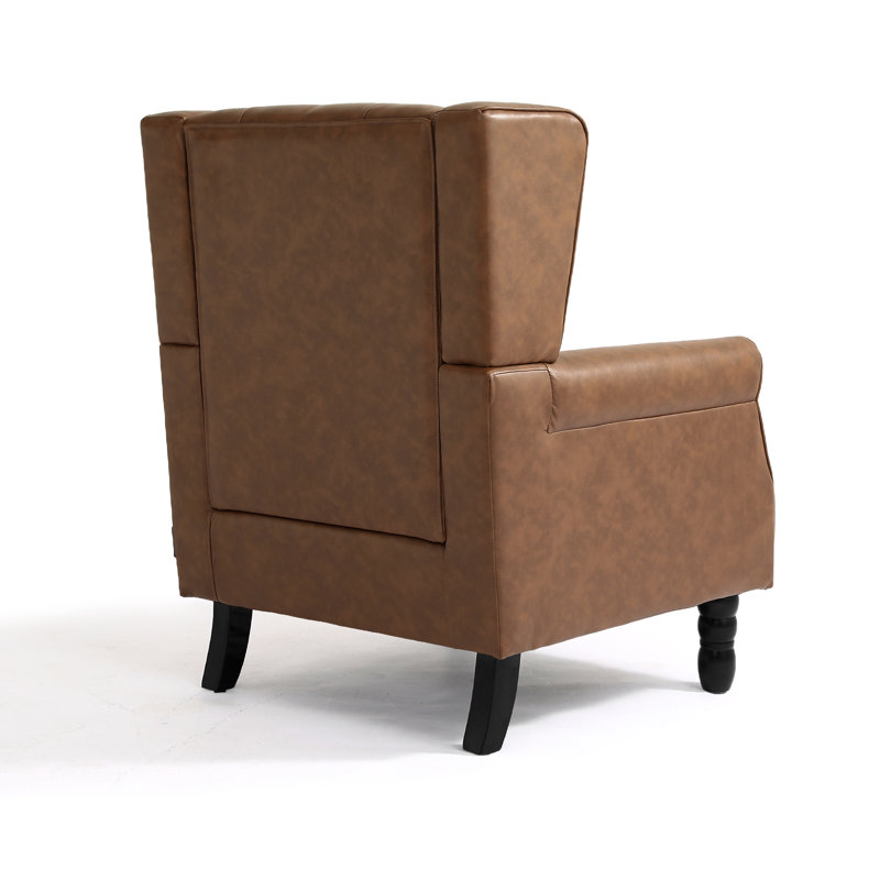 Duward Faux Leather Brown Button Tufted Wingback Accent Chair with Rolled Arm and Thick Padded Cushion, Brown Faux Leather