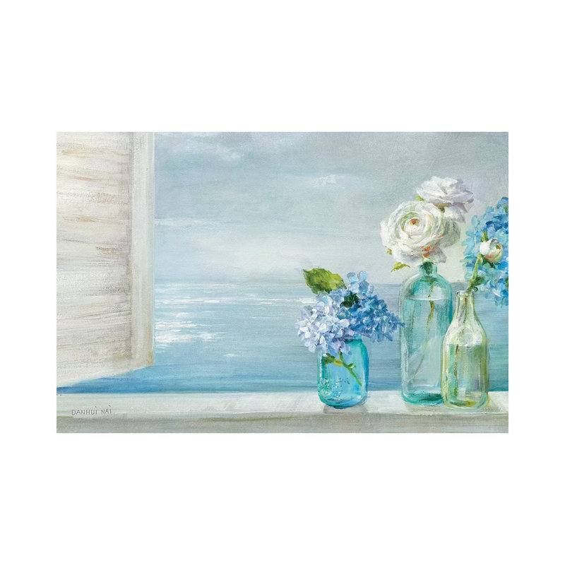 Une belle journée à la plage - 3 bouteilles en verre par Danhui Nai - reproduction d'art, Toile tendue, Pas de tapis