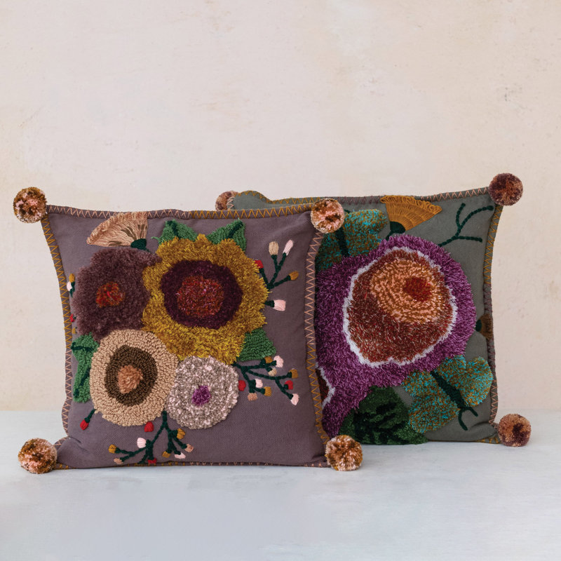 Embroidered Multicolor Floral Cotton Square Throw Pillows Set