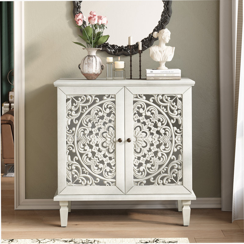 Accent Cabinet, 2-Door Display Storage Cabinet, Sideboard With Adjustable Shelf And Solid Wood Legs, Antique White