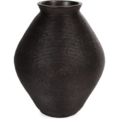 Hannela Modern Distressed Polyresin Vase With Ribbed Textural Rings - Elegant Antique Brown Finish For Home Decor