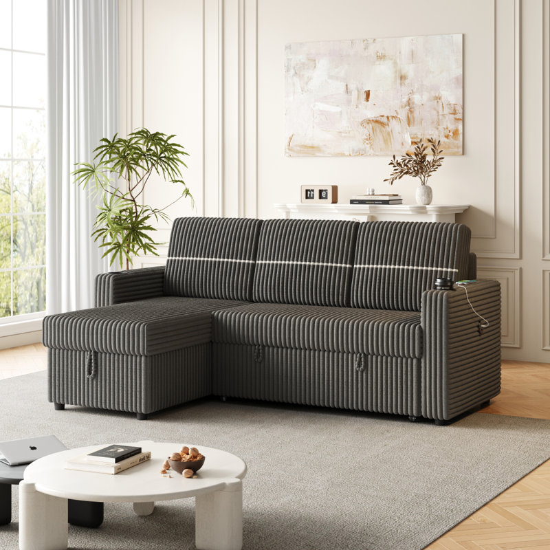 Lulla 85.11" Pull Out Sleeper L-Shaped Sofa with Storage Chaise, Grey Corduroy