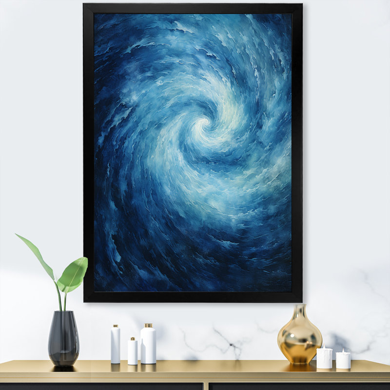 «Blue Swirl Wave Spiral VII - Abstract Spirals», reproduction sur toile_106189, Impression noire sur toile encadrée