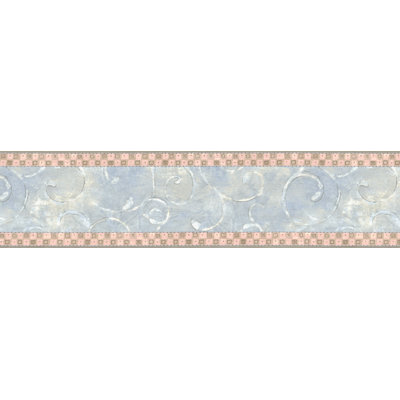 Bordure de papier peint pré-moulé - motif rétro damas bleu, gris, rose, 15 pi X 6,4 po
