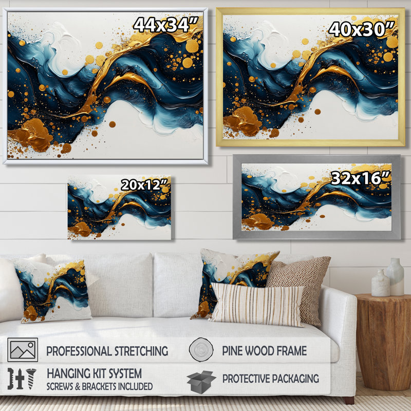 «Broseley Golden Coastal Rainbow», art mural à l'encre liquide abstraite, H 34 po x l 44 po, Brun, Cadre flottant