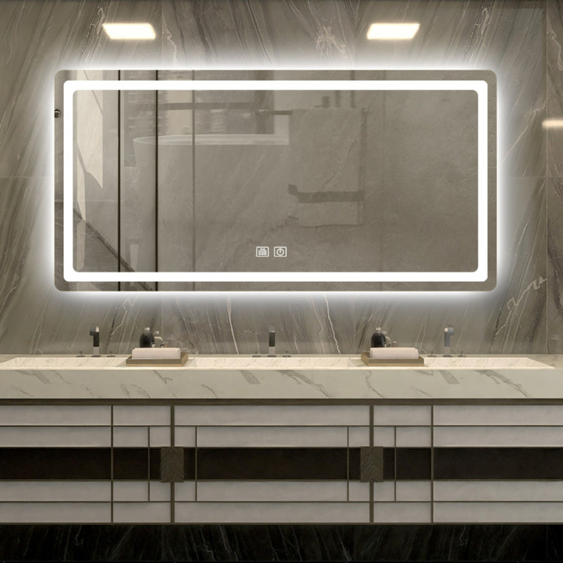 Miroir de salle de bain simple à DEL en cristal poli pour salle de bain, 27,56 po x 55,12 po, Transparent