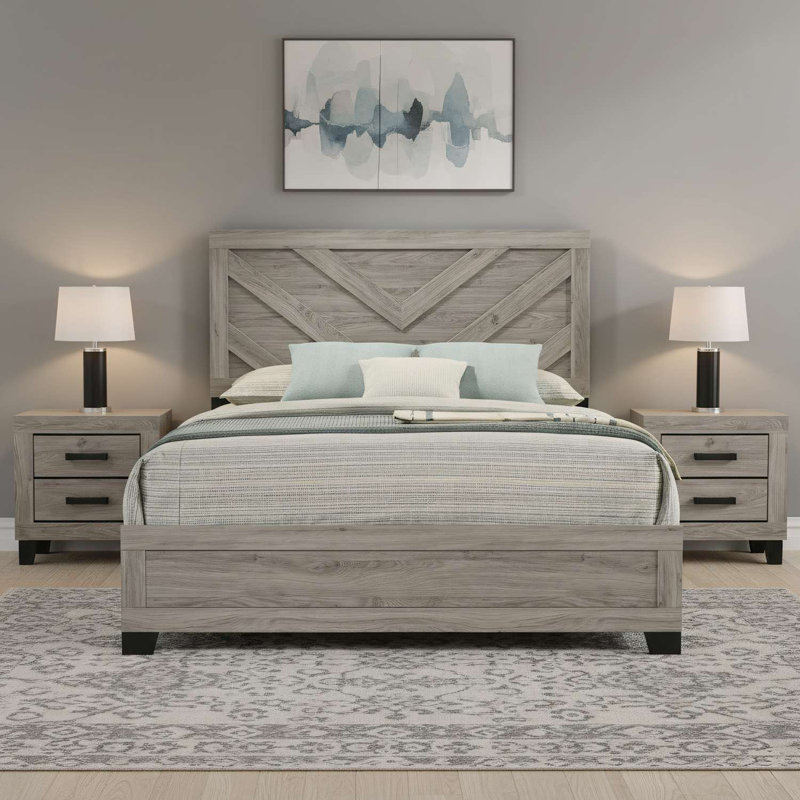 Transitional Queen Bed with Chevron Pattern Headboard and 2 Nightstands in Light Grey Finish, Queen