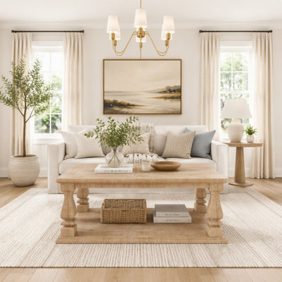 Rectangular Weathered Natural Farmhouse Coffee Table, Solid Wood Plank Top Coffee Table with Thick Baluster Legs