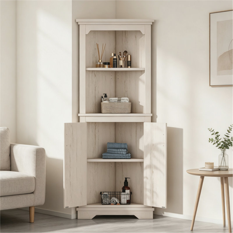 Meuble de rangement d'angle haut autoportant avec portes, organisateur en bois pour salon, salle de bain, salle à manger, cuisine, beige