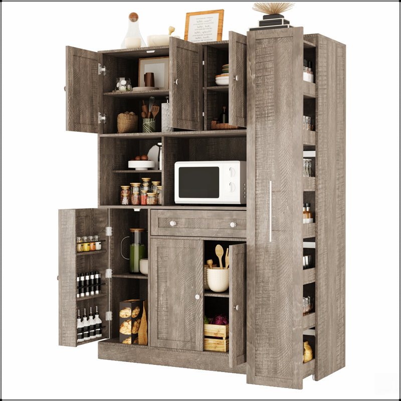 Buffet traditionnel autoportant avec huche, grande armoire de rangement pour garde-manger, armoire latérale coulissante et tiroir pour la vie organisée