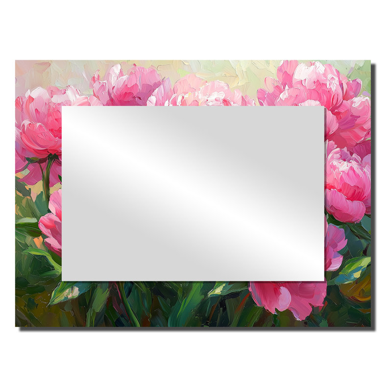 Pivoines par le champ de printemps I - miroir décoratif floral imprimé sur métal, 24 po x 32 po