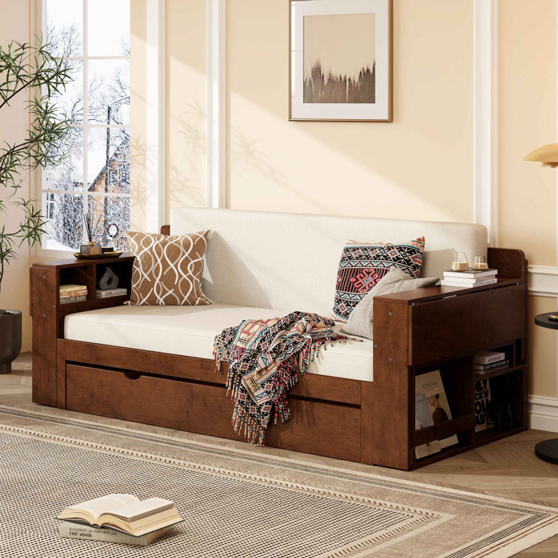 Lit de jour avec bureau amovible, tiroirs de rangement et table d'appoint hydraulique, Grand lit, Espresso