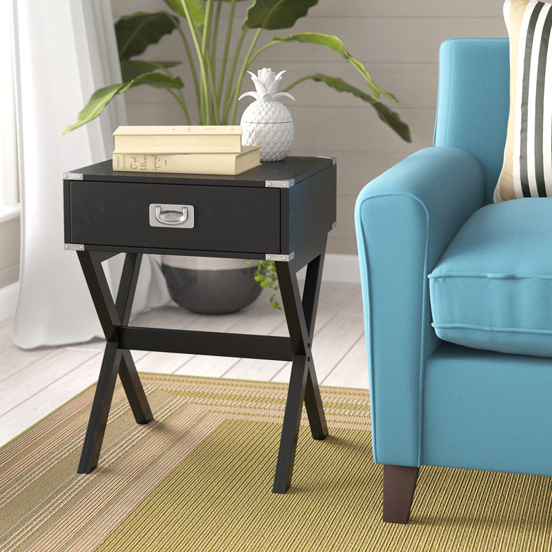 Grable Transitional Wooden 1-Drawer Rectangular End Table with Metal Corners, Black, 24" H x 18" W x 16" D Duplicate 1