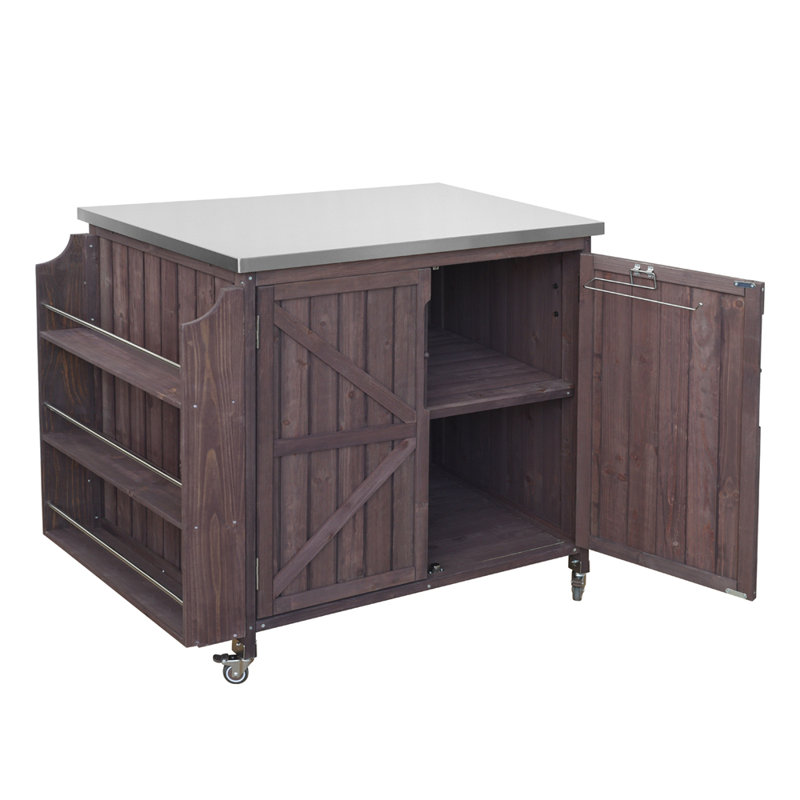 42.1" Outdoor Kitchen Island with Side Shelf, Outdoor Grill Cart with Storage Cabinet, Outdoor Kitchen Cabinet with Stainless Steel Top, Adjustable Shelf and 4 Wheels for Pizza Prep