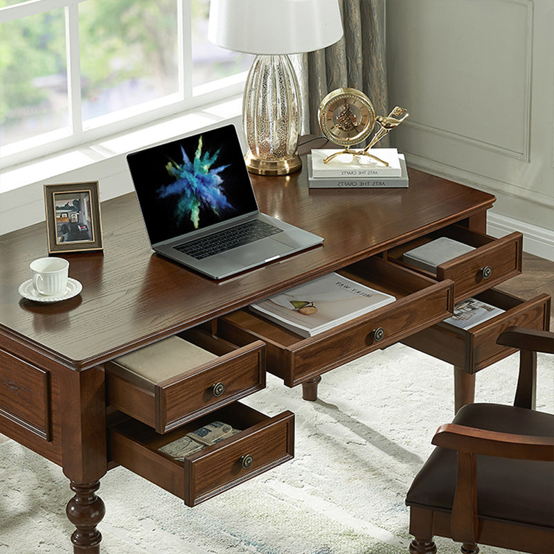 Bureau rectangulaire en bois massif foncé avec 5 tiroirs, H 30,71 po x l 62,8 po x P 29,92 po